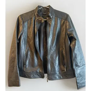 Bernardo Black Genuine Leather Full Zip Chunky Gold Buttons Moto Biker Jacket L thumbnail 2
