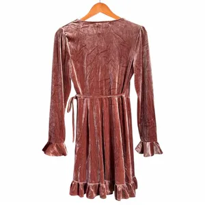 IVIVI Velvet Wrap Mini Dress Women S Dusty Rose Pink Ruffle Long Sleeve NWT thumbnail 3