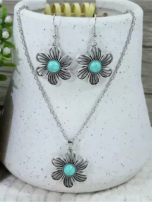 Silver Floral Turquoise Pendant Necklace & Earrings Set - Women Jewelry thumbnail 1