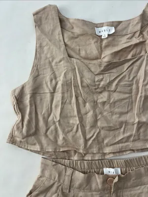 MABLE 2 Piece Matching Set - Sleeveless Crop Square Neck Tank Top & Shorts Tan L thumbnail 5