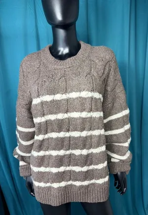 LC Lauren Conrad Brown Cream Striped Cable Knit Sweater‎ XXL Pullover Crew Neck thumbnail 1