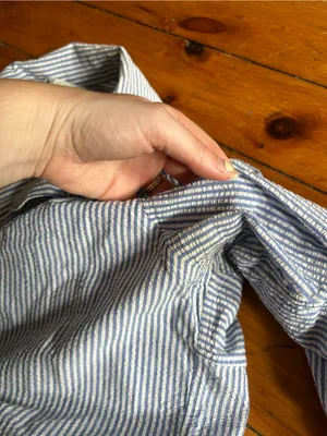 Jill Mogowan blue white striped button down shirt USA cotton small see stains thumbnail 10
