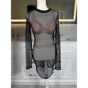 Hera Collection Fishnet Swim Cover Up Women S Black Long Sleeve Sheer Mesh Dress thumbnail 3