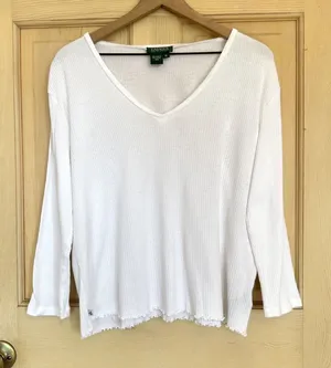 Vintage Y2K 100% Cotton Lauren Ralph Lauren Ribbed 3/4 Sleeve top Lettuce Hem thumbnail 1