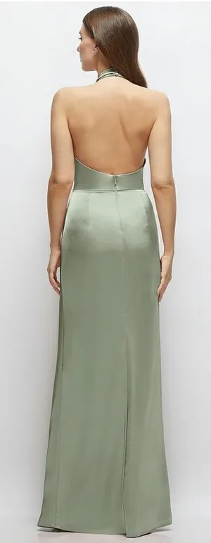 Lovely Noor Cowl Halter Open-Back Satin Maxi Dres‎ In Sage Size XS thumbnail 1