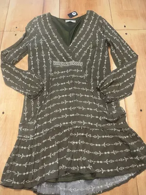 Altar State Olive‎ Green Tribal Print Long Sleeve Tiered Mini Dress S thumbnail 1