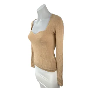 Aritzia Wilfred Womens Tan Ribbed Knit Sweetheart Long Sleeve Sweater Top Size M thumbnail 3