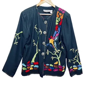 Drapers Damons Women Button Jacket L Black Giraffe Embroidered Statement Artwear thumbnail 1