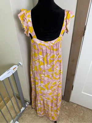 Knox Rose Square Neck Flutter Cap Sleeve Maxi‎ Dress Yellow Pink Floral Tropical thumbnail 8