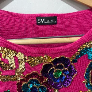 Vintage SML Glitz 80s Pink Knit Sequin‎ Funky Cotton Blend Sweater sz XL. thumbnail 3