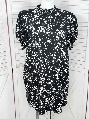Who What Wear Linen Puff Sleeve Spotted Mini Shift Dress Black White Large thumbnail 2