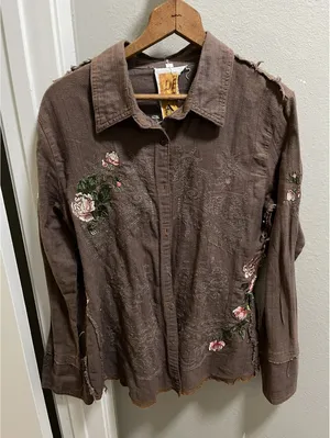 Y2K De Sport Aziza Brown Button Up Shirt Boho Embroidered M thumbnail 1