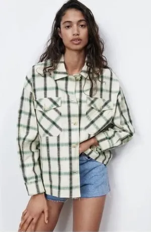 NWT Zara Plaid Overshirt Jacket Green Cream Relax Fit Bloggers Fav S thumbnail 1