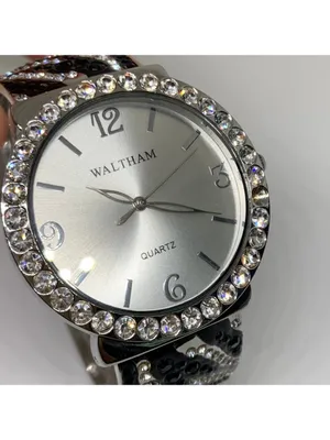 Waltham SilverTone cuff bracelet watch 38mm rhinestones quartz 7” running thumbnail 2