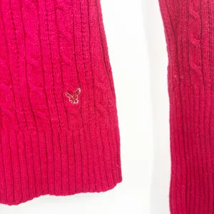 American Eagle Women Red Y2K Cable Knit Fisherman Preppy V-Neck Sweater Size S thumbnail 2