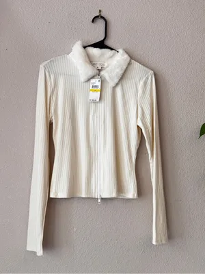 Ribbed Zip-Up Teddy Jacket with Faux Fur Collar - Cream thumbnail 2