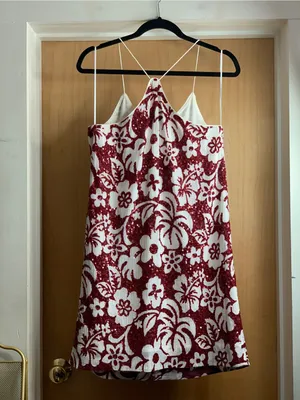 J Crew Floral Red and White Sequin Tropical Slip Dress Size-4 70’s Tropical thumbnail 4