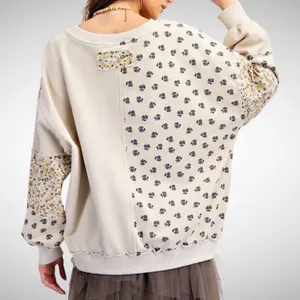 Easel Oversized Flower Patchwork Terry Knit Sweatshirt in Beige Size S thumbnail 2