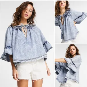 Free People Ainsley Denim Top in Indigo Wash Size Large thumbnail 3