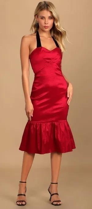 NWT Lulus Bursting With Beauty Halter Trumpet Midi Dress‎ in Berry Red Size M thumbnail 1
