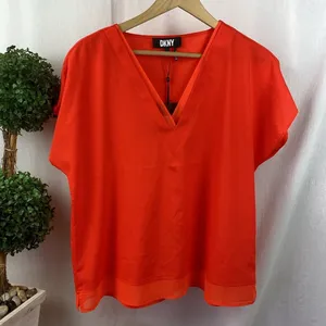 DKNY Orange V Neck Short Sleeve Blouse Top NEW L thumbnail 2