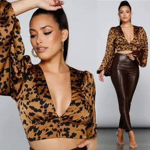 Windsor Chic Look Leopard Print Satin Puff Sleeve Crop Top Medium New NWT thumbnail 4