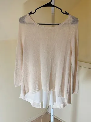 Anthropologie Moth EUC Women's Cream Marled Knit Split Back Chiffon Sweater XS thumbnail 1