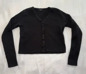 John Galt Brandy Melville Black Ribbed Button Front V-Neck Cardigan Cropped OS thumbnail 1