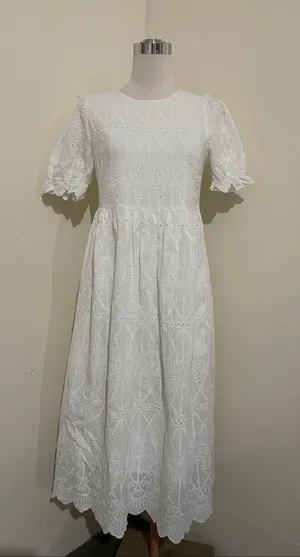 Classic White Eyelet Midi Dress with Puff Sleeves thumbnail 1