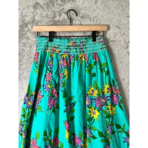 Vintage Tropical Floral Maxi Skirt Teal Smocked Waist Boho Cottagecore Cotton SM thumbnail 4