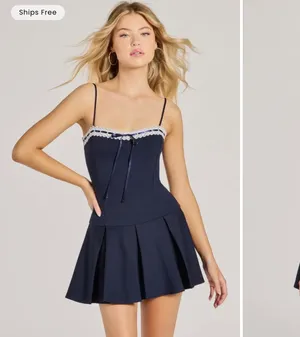 Windsor Navy and White Lace Pleated Mini Dresss thumbnail 2
