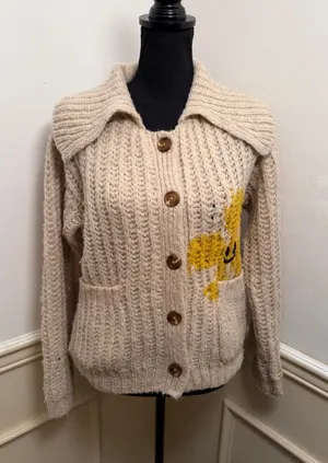 Anthropologie Pilcro Happy Flower Chunky Knit Cardigan Sweater Cream Button Up thumbnail 1