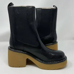 NEW Marc Fisher Fredy Boots 8 Black Leather Chunky Block Heel Lug Sole Pull On thumbnail 1