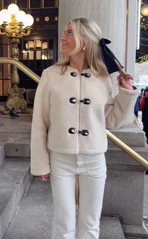 Zara Jacket coat teddy fur ivory cream cropped toggle  thumbnail 1