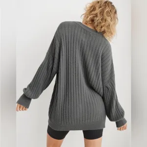 Aerie Buttercream Ribbed Oversized Sweater Green XL Soft Crewneck Pullover thumbnail 2