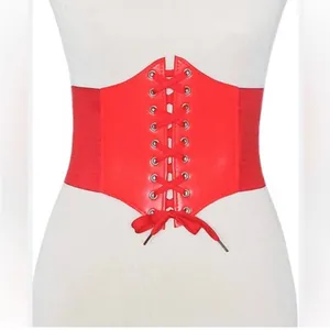 Corset Style Wide Girdle‎ Red Fashion Elastic Faux Leather Skinny Elastic Waist thumbnail 5