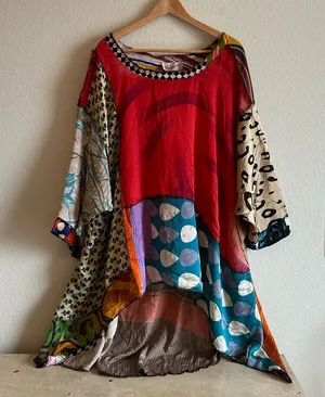 Vintage Funky Patchwork Oversized Tunic Top Red Size undefined thumbnail 1
