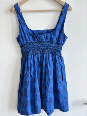 Anthropologie Maeve Blue Smocked Square Neck Mini Dress Size M thumbnail 6