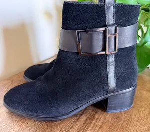 July Lover Size 220 US 5 Ankle Boots Black Suede Buckle Moto Block Heel Biker thumbnail 1