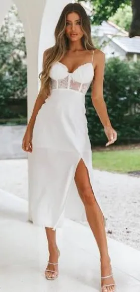 SELFIE LESLIE Trophy White Lace Bustier Midi Dress Corset Sheer Thigh Slit Large thumbnail 1