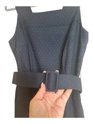 MANGO SUIT Navy Blue Pinstripe‎ Polka Dot Pinafore Sheath Dress With Belt Sz 6 thumbnail 2