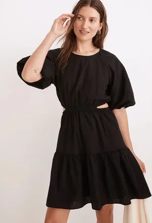 Madewell Seersucker Puff-Sleeve Cutout Mini Dress in Black size Medium thumbnail 1