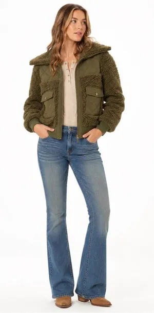 Frye & Co. Green Sherpa Fluffy Jacket Bomber Coat Pockets Zipper Zip-Up Winter thumbnail 1
