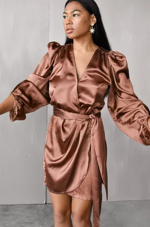 DRESS‎ FORUM Satin Bronze Brown Ruched Sleeve Wrap Mini Dress Sz S thumbnail 1