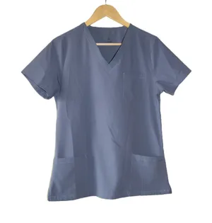 Scrub Top Women Small Steel Blue Excellent V-Neck Short Sleeve Pocket thumbnail 1