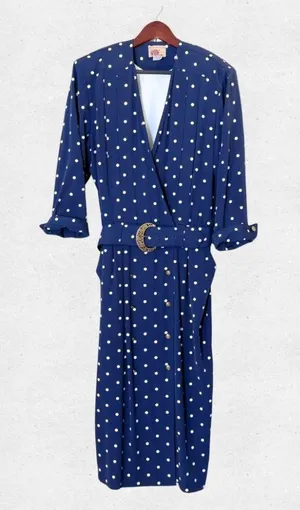 Vintage 80s Katie MFG Navy Blue White Polka Dot Midi Dress Size 16 Rockabilly thumbnail 1