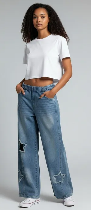 XS Baggy Wide Leg Ripped Denim Retro Elastic Star Patch Casual Streetwear Jeans thumbnail 1