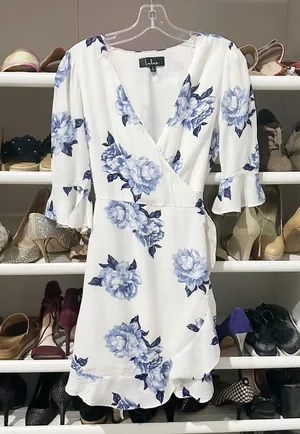Lulus Pretty Peony Blue and White Floral Print Wrap Dress thumbnail 5