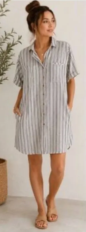 Universal Threads Striped Button-Front Mini Dress in Gray and White thumbnail 1