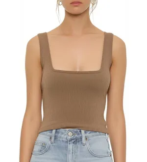 Abercrombie & Fitch Soft AF Brown Tan Ribbed Square Neck Crop Top Tank Top Sz M thumbnail 1
